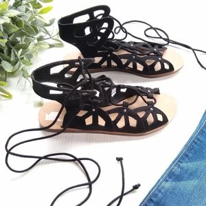 ZARA Cut-out ankle wrap lace-up black suede gladiator sandals